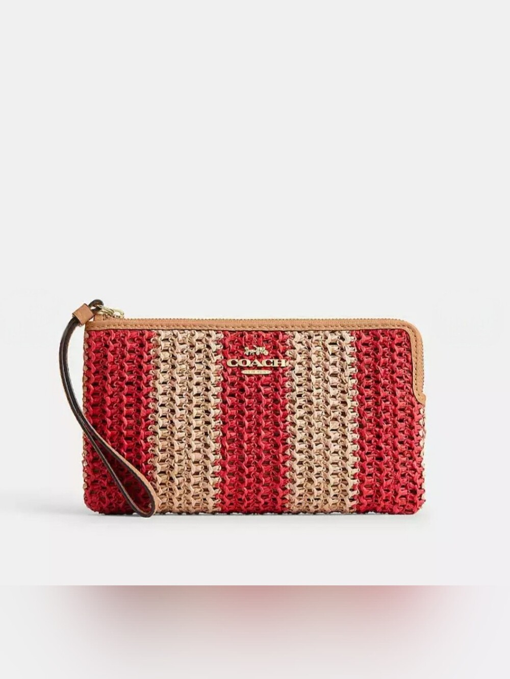 COACH Large Corner Zip Wristlet In Gold/Red/Tan Straw, Leather Trim & Strap, NEW - Picture 5 of 5